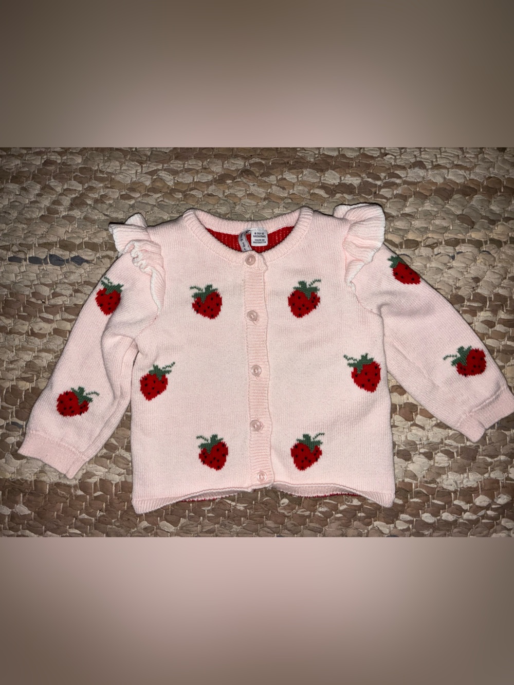 Janie and Jack Pink Knit Cardigan with Red Strawberry Motifs